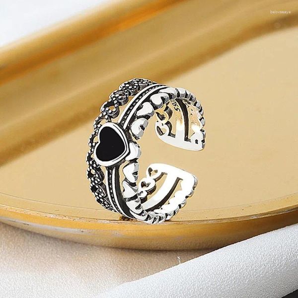 Anillos de racimo KOFSAC Vintage 925 Anillo de plata esterlina para mujeres Joyería Romántica Negro Corazón Ancho Lady Trendy Regalos de San Valentín