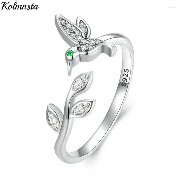 Cluster anneaux kolmnsta 925 arbre argenté sterling feuilles oiseau ouvert pour les femmes zircon brillant anneau de doigt réglable fine bijoux fête