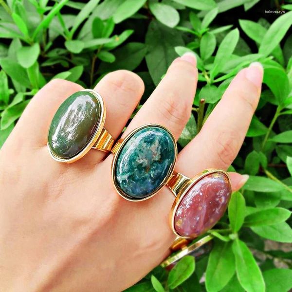 Bagues de cluster KOMi Alliage Ovale Incrusté Semi-précieuses Pierres Pierres Naturelles Bloodstone Tumblestones Bague De Manchette Dames Banquet Cadeau Bijoux