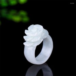 Anillos de racimo Koraba 2023 Banda de tendencia Ring Jade Stones para mujeres Joyas Emerald Rose Flor Joyería de lujo talladas a mano