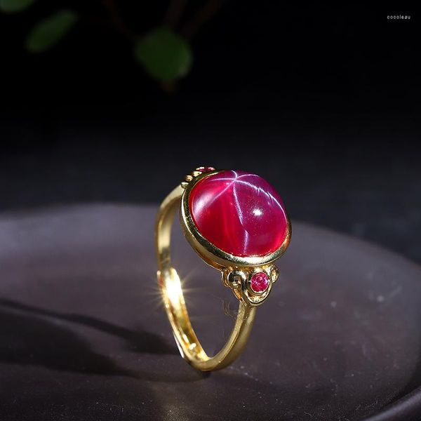 Anillos de racimo Koraba Natural 6x8mm Red Star Ruby Gem Ring 925 Plata esterlina Mujer