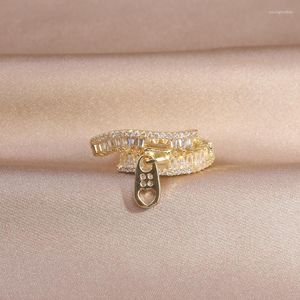 Clusterringen Koreaans 14K echt verguld Prachtige Rits CZ Zircon Ring Geldt voor Vrouwen Dagelijks Verstelbaar Open Design Bestrating Sieraden Geschenk