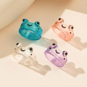 Bagues de cluster coréen mignon coloré transparent résine grenouille pour femmes fille mode dessin animé animal acrylique doigt bague fête bijoux cadeaux