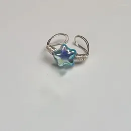 Cluster Ringen Koreaanse Mode Blauw Kristal Pentagram Kruis Ster Kwastje Ring Voor Vrouwen Esthetische Zoete Cool Open Harajuku Trend Sieraden