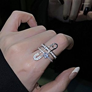 Anillos de racimo Moda coreana Hipérbole Brillante Cristal Pines Estrella Apertura para mujeres Novia Doble capa Anillo ajustable Joyería Regalos