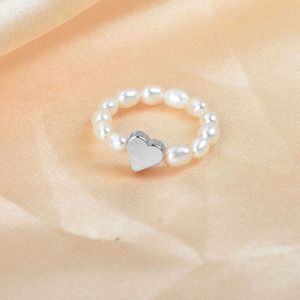 Cluster ringen Koreaanse zilveren kleur kraal hartringen voor vrouwen handgemaakte zoetwater parel elastische ring verstelbare sieraden bruiloftsfeest cadeau g230228
