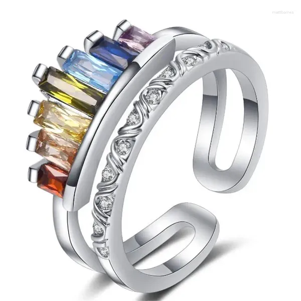 Anillos de racimo Estilo coreano Shinning Rainbow Zircon Anillo para mujeres Moda Auténtica Plata de ley 925 Ajustable Tamaño libre abierto