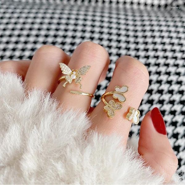 Cluster anneaux coréens uniques délicat mignon papillon ouvert ajusté pour les femmes filles couleur or minimaliste anneau de doigt la mode bijoux