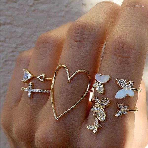 Anillos de racimo KOTiK conjuntos geométricos bohemios Color dorado cristal Cruz flecha mariposa nudillo anillo de dedo para mujer joyería de moda