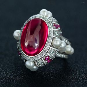 Bagues de cluster KQDANCE Luxe 925 Sterling Silver Large Oval Cut 13 18mm Ruby Red Pearls Gemstone High Carbon Diamonds Bague Femmes Fine