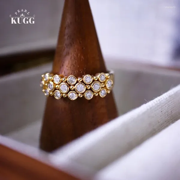 Anillos de racimo KUGG 18K Oro amarillo Lujo Leer Anillo de diamante natural Elegante INS Estilo Joyería de boda para mujeres Fiesta de compromiso