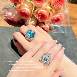 Cluster Anneaux Dames De Luxe Mer Bleu Zircon Cristal Gemme Ouvert Pour Les Femmes Magnifique Élégant Bowknot Promesse De Mariage Bijoux