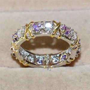 Cluster ringen dame 925 sterling zilver paars tanzanite paar geel gouden kruis eeuwige band trouwring voor vrouwen sieraden maat 5-10