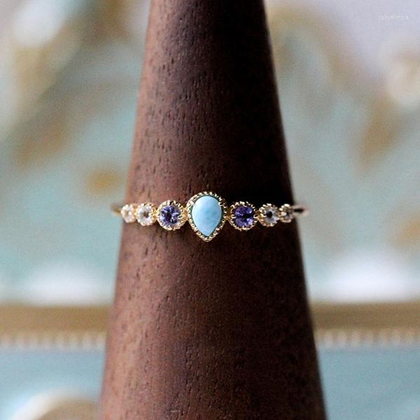 Anillos de racimo LAMOON 925 Anillo de plata esterlina para mujer Patrón de mar Larimar Tanzanita Topacio blanco Piedra preciosa Chapado en oro Joyería fina LMRI144