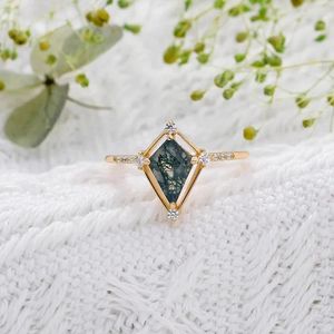 Clusterringen Lamoon voor vrouwen bruiloft accessoires Natural Gemstone Green Moss Agate 925 Sterling Silver Gold Poled Ring Bijoux RI265