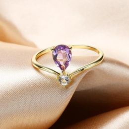 Anneaux de cluster LAMOON Bague de mariage Naturel Amethyst Topaz 925 Sterling Argent Plaqué Or Goutte D'eau Forme Bijoux Fine Bijoux Cadeau RI189