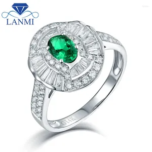 Clusterringen Lanmi Solid 14K Wit goud Natuurlijk Ronde Diamond Green Green Colombia Emerald beloofd voor verloving Fine Jewelry