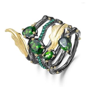 Cluster anneaux Leaf Natural Chrome Diopside Gemstone Gold plaqué 925 Silver Silver Femmes