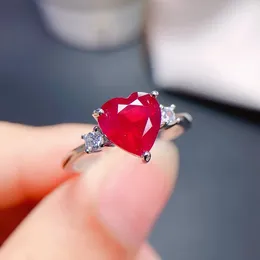 Bagues de cluster Legit 925 Sterling Silver Real Heart Shape Simple Ruby Ring pour femmes fille femme dame avec certificat cadeau d'anniversaire élégant