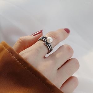 Clusterringen Leven Fancy 925 Sterling Silver Retro Vintage Black Wraps Draad Twist Ring voor Mother Gift Women Pearl