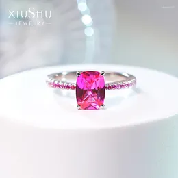 Cluster anneaux légers luxe rose artificiel tourmaline 925 Anneau de niche d'argent avec tempérament gradient à diamant à haut carbone polyvalent