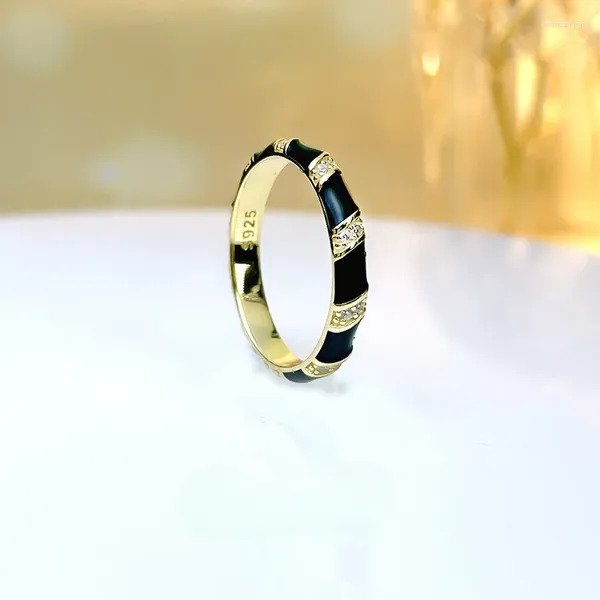 Cluster anneaux légers Luxury Email Drop glaçage Plain Ring Black Black ENSET 925 Ensemble argent avec diamants à haute teneur en carbone rétro polyvalent