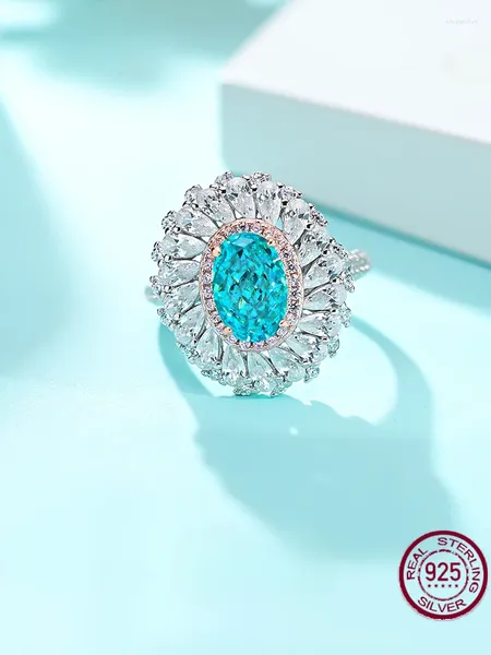 Bagues de cluster Light Luxury Topa Blue Cut 925 Sterling Silver Sea Treasure Bague sertie de bijoux de mariage de fleur de diamant à haute teneur en carbone