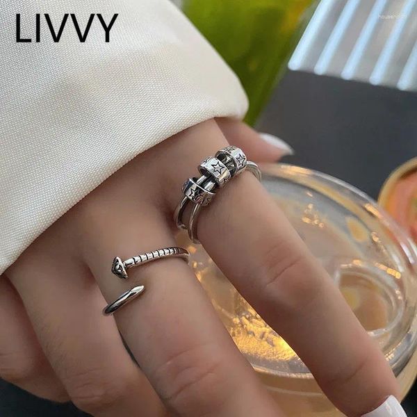 Bagues de cluster Livvy Ly Arrivée Thai Argent Couleur Cylindre Étoile Double Couche Bague Pour Femmes Creative Vis Mode Vintage Bijoux Cadeau