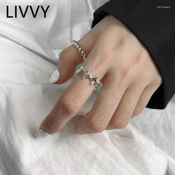 Anillos de racimo LIVVY Thai Silver Color Minimalista Irregular Estrellas Anillo abierto para mujeres Cordel Diseño único Accesorios de joyería hechos a mano Regalo