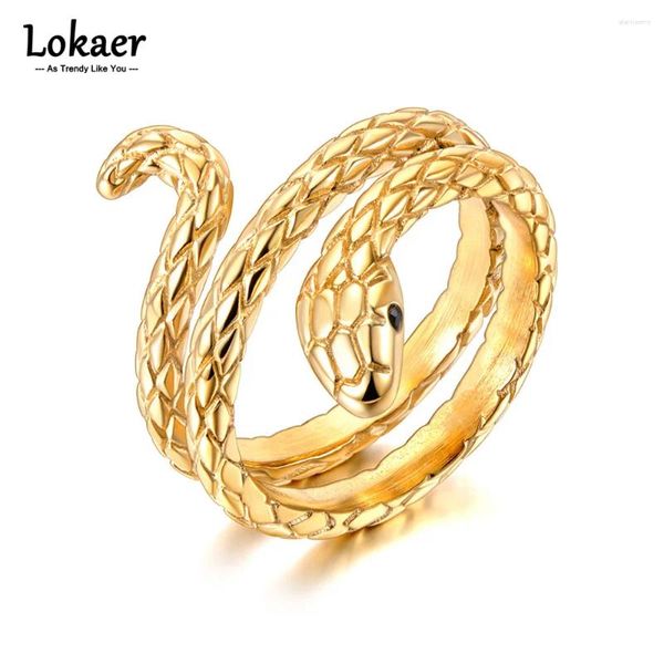 Bagues de cluster Lokaer Fashion Serpent en acier inoxydable Animal pour femmes 18 carats plaqué or personnalité bague de doigt bijoux non décolorés R23027