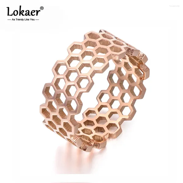 Anillos de racimo Lokaer Diseño original Titanio Acero Hueco Hexagonal Anillo geométrico Color oro rosa Joyería de moda para mujeres R17143