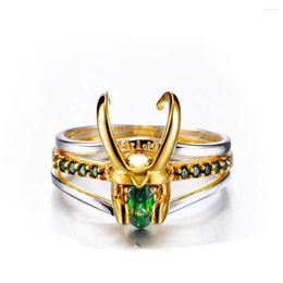 Clusterringen Loki Ring Green Zirkon Crystal Helmet Set voor mannen Women Cosplay Halloween Party Gifts Unisex Jewelry Us 6-14