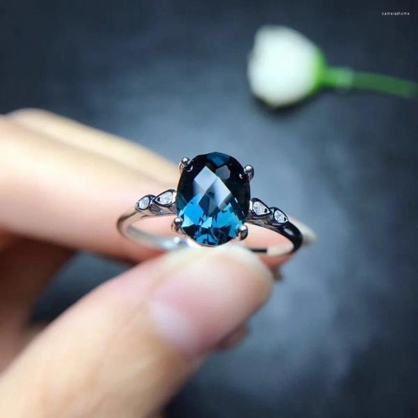 Anillos de racimo Londres Azul Topacio Anillo Sólido 925 Plata esterlina Piedra preciosa Joyería fina Mujeres Boda Fiesta Marca