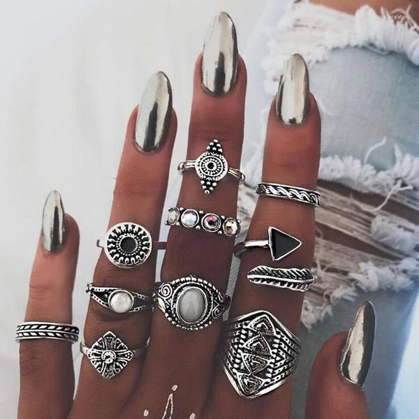 Anillos de racimo LOVBEAFAS 10 unids / set joyería vintage suerte antiguo plateado espada perla nudillo midi conjunto para mujeres punk boho