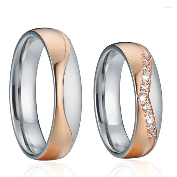Bagues de cluster Love Alliance Crown Design Promesse de mariage pour hommes et femmes couples 1 paire de bijoux en acier inoxydable plaqué or rose 18 carats