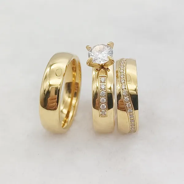 Anillos de racimo Alianzas de amor Cubic Zirconia Cz Diamante Compromiso de boda 3 piezas Conjuntos nupciales para hombres y mujeres Joyería chapada en oro de 24 k