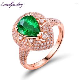 Cluster anneaux Loverjewelry Emerald pour femmes 18k rose or 1.68 cmt forme de poire Real Green Gemstone Si Diamond Engagement Bijoux de Noël