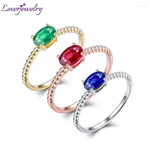 Cluster ringen Loverjewelry voor vrouwen real 14k gouden ovaal 4x6mm smaragd ruby saffier tanzanite edelsteen meisje klassieke ring sieraden