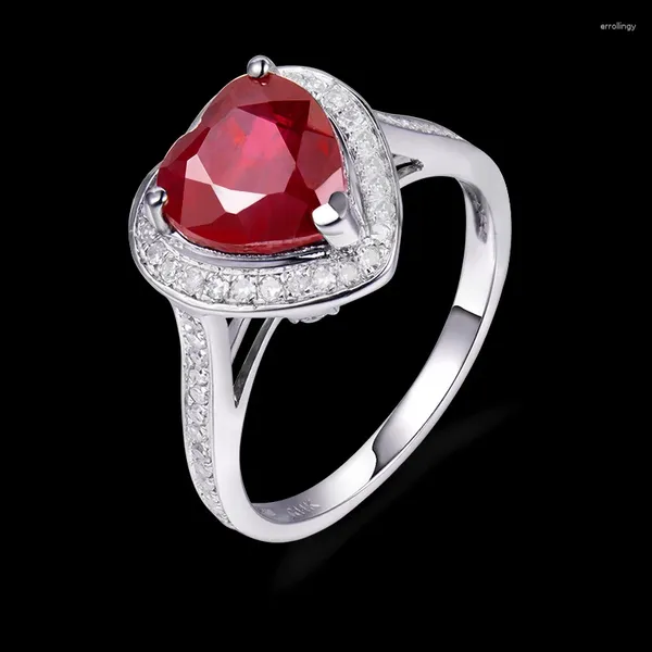 Anillos de racimo LOVERJEWELRY Anillo de rubí en forma de corazón romántico genuino de 8x8 mm con incrustaciones de oro blanco sólido de 14 k Diamante para joyería de mujer
