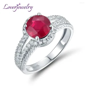 Cluster Rings Loverjewelry Red Gemstones Elegante diamanten Real 14KT Wit goud Natuurlijke ronde ruby ring vingers voor vrouwenbetrokkenheid