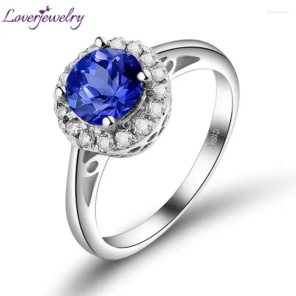 Anillos de racimo Loverjewelry Young Lady Vintage Round 6mm 18kt Gold de oro blanco Diamante Natural Tanzanite Ring para mujeres Fiesta de bodas