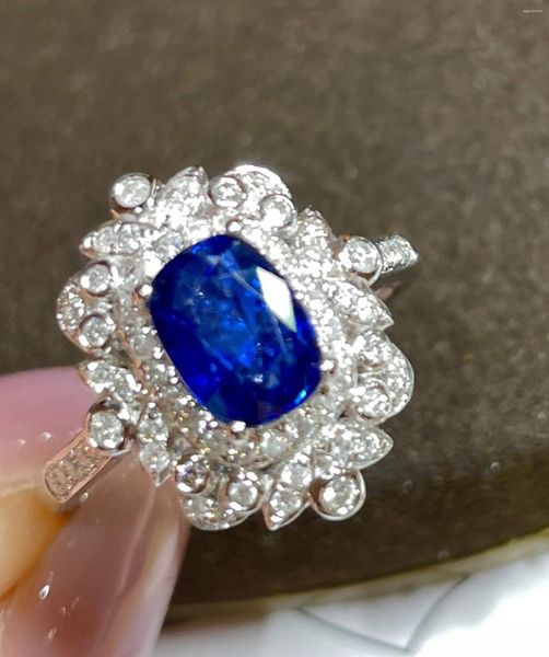 Bagues de cluster LR Blue Sapphire Ring 1.42ct Real Pure 18 K Naturel Unheat Royal Gemstone Diamants Pierre Femme