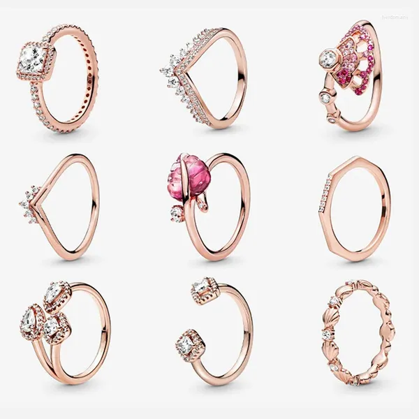 Anillos de racimo LR Timeless Wish Heart Sparkling Rose Gold Pink Thin Tiara Wishbone Clear Three Stone Ring para mujeres Regalo del día de San Valentín