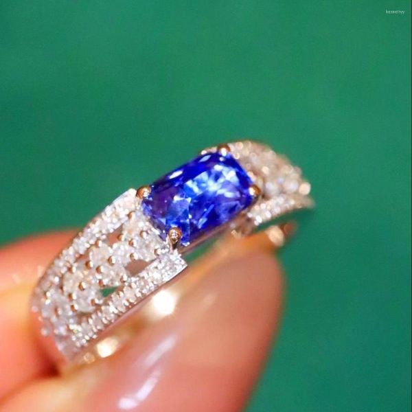 Cluster Rings LR2023 Bague Saphir Bleu 1.09ct Réel Pur 18K Naturel Unheat Royal Gemstone Diamants Pierre Femme