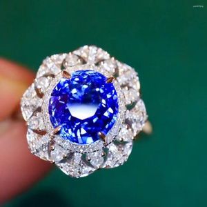 Cluster Rings LR2023 Bague Saphir Bleu 3.22ct Réel Pur 18K Naturel Unheat Royal Gemstone Diamants Pierre Femme