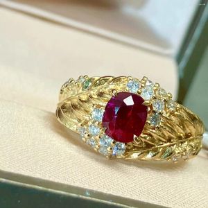 Bagues de cluster LR2023 Ruby Pure 18K Gold Bijoux Naturel 1.03ct Diamants rouges Femme pour femme Fine