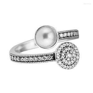 Cluster ringen Luminous Glow White Crystal Pearl en CZ Ring 925 Sterling Silver Jewelry for Woman Diy Making Engagement