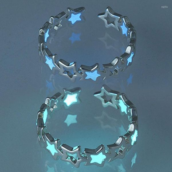 Anillos de racimo Estrella hueca luminosa para mujer Resplandor en plata oscura Anillo de dedo Ajustable Regalo de romance abierto Joyería de moda