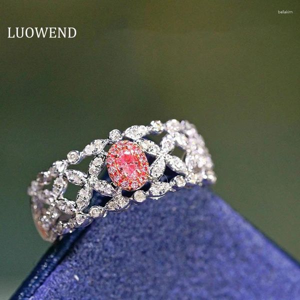 Cluster anneaux Luowend 18k White Gold Fashion Wide Plate Design Vintage Very Natural Natural Pink Diamond Engagement Anneau pour les femmes Mariage