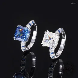 Cluster anneaux Louxary 925 Silver Silver Square Shape Blue Sapphire Coup High Carbon Diamond Zircon Women Ring Finger